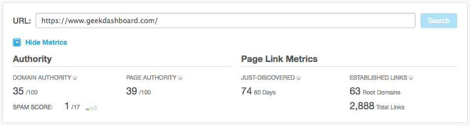 Geek Dashboard Domain Authority