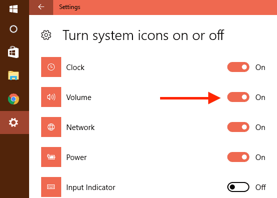 Turn on Volume to show volume icon in taskbar