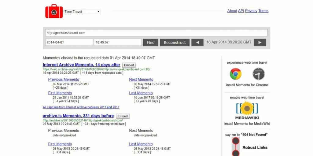 Memento Timetravel wayback machine alternative