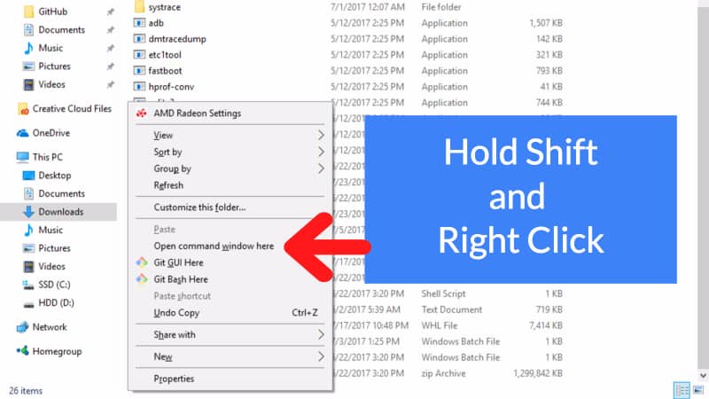 If you're trying this Nexus 5X bootloop fix on Windows device, then to open command prompt; go to the folder where you extracted ADB tools and perform right click while holding shift and select open command window here