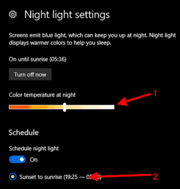 Night light settings in Windows 10