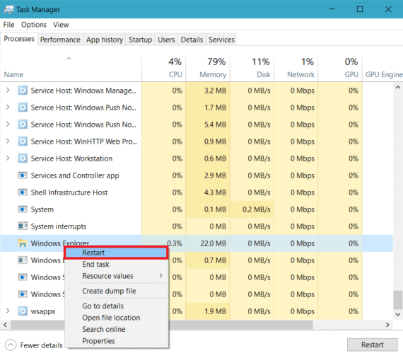 restart explorer to fix windows 10 taskbar not working issue