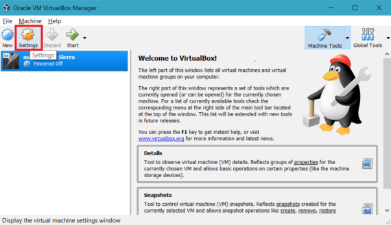 Open virtual machine settings