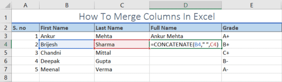 merge columns in excel using concatenate