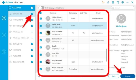 Select the contacts you need to recover