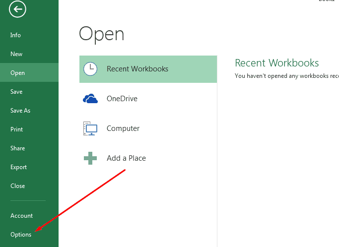 Open MS Excel Options