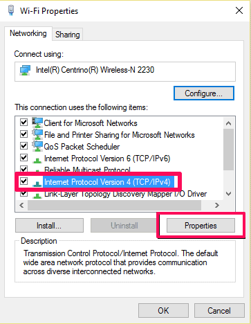 Select Internet Protocol Version 4 (TCP/IPv4) and Click Properties