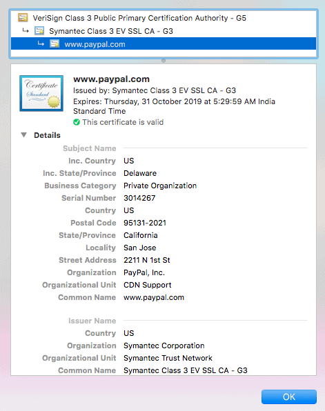 PayPal SSL Certificate Details