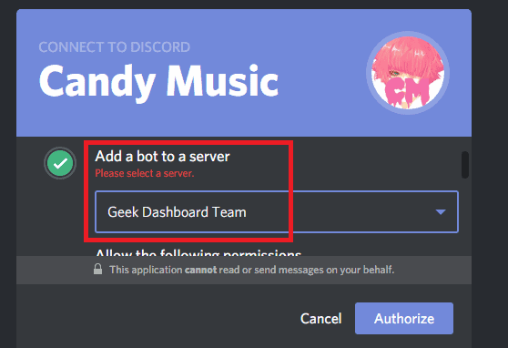 Select your Discord server to add the bot