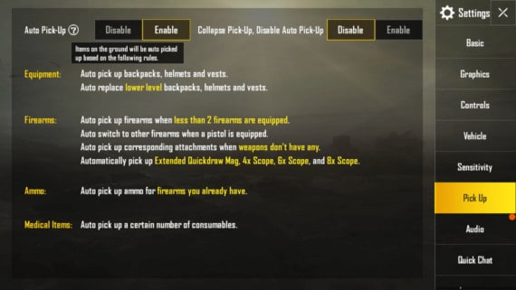 PUBG Auto pickup setting to save time