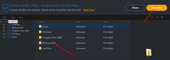 Select $Recycle Bin and Click Recover