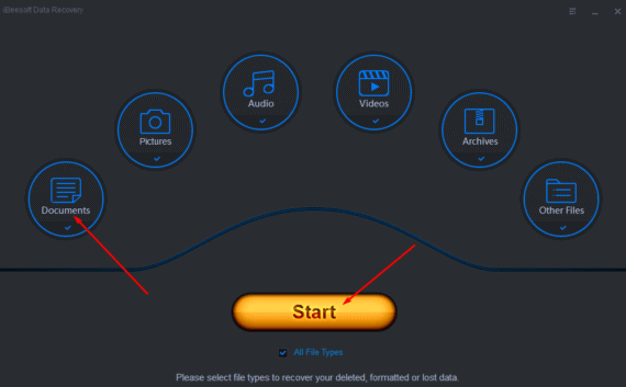 Select the type of File to recover from Recycle Bin and click Start