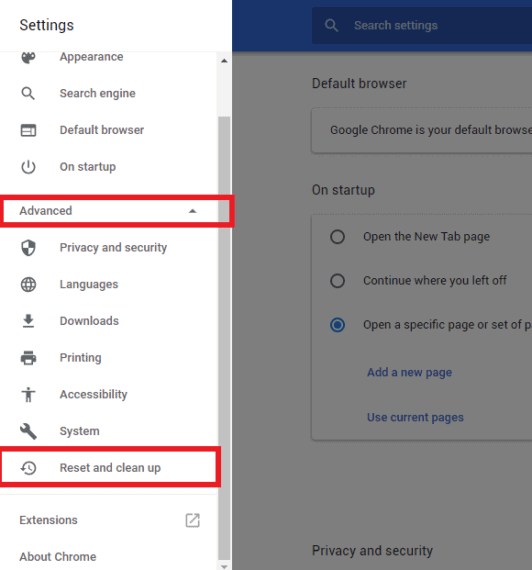 Advanced Settings of Chrome to Reset and clean up