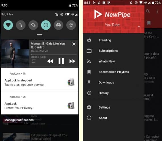 New Pipe playing music on the lock screen and subscription Feed
