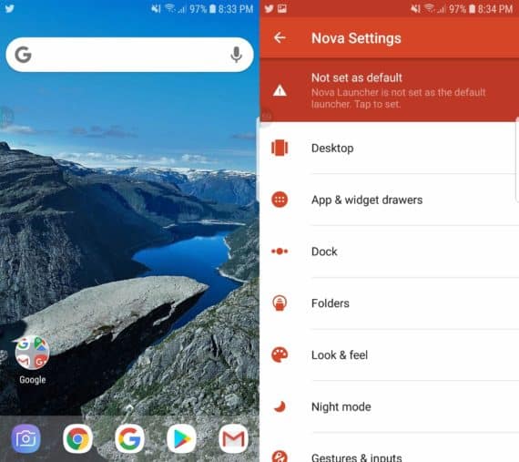 Home Screen with Nova Launcher on the left and Nova Launcher Settings on the right