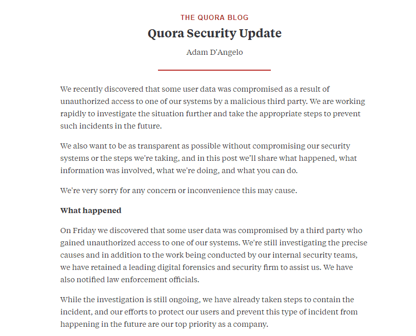 Quora's response on the hack