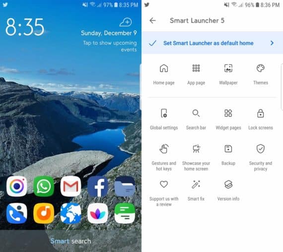 Smart Launcher 5 Home Screen on the left and Smart Launcher 5 Settings on the right