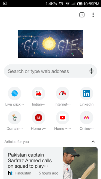 Google Chrome on Android Showing recently visited pages and personalized articles