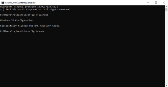 Renew IP Address on Windows by typing the command ipconfig /renew