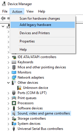 Accessing Action tab to add legacy hardware