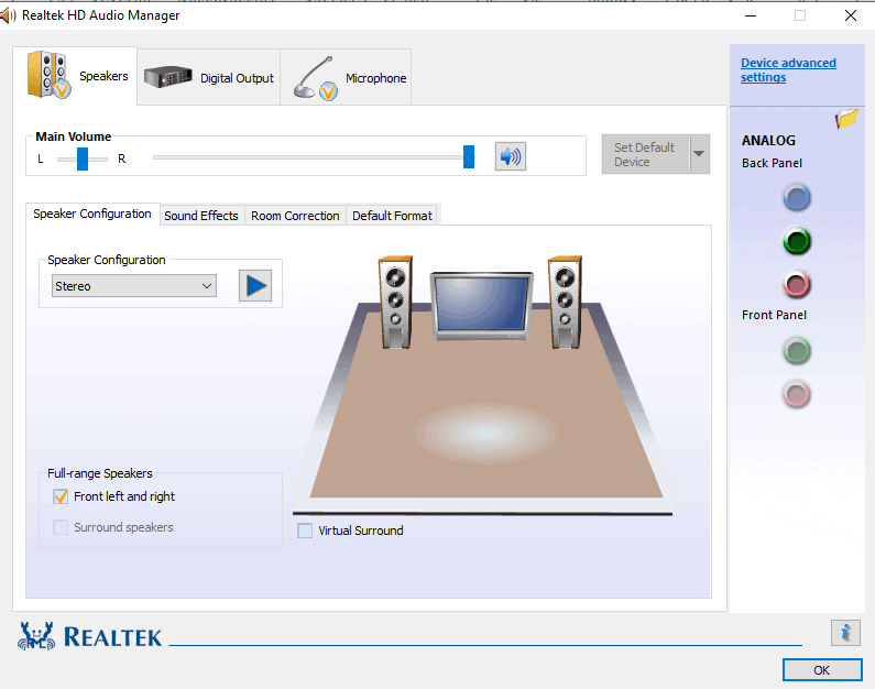 Realtek HD Audio Manager Home Screen