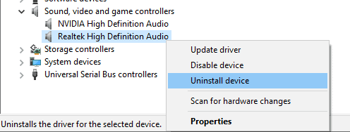 Uninstall Realtek HD audio drivers from device manager