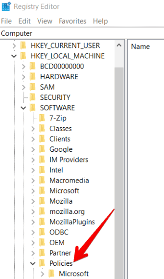 Policies key inside Registry Editor