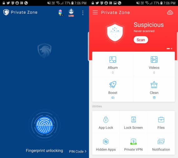 Private Zone App Lock for Android with Lock Screen on the left and Main Menu on the right