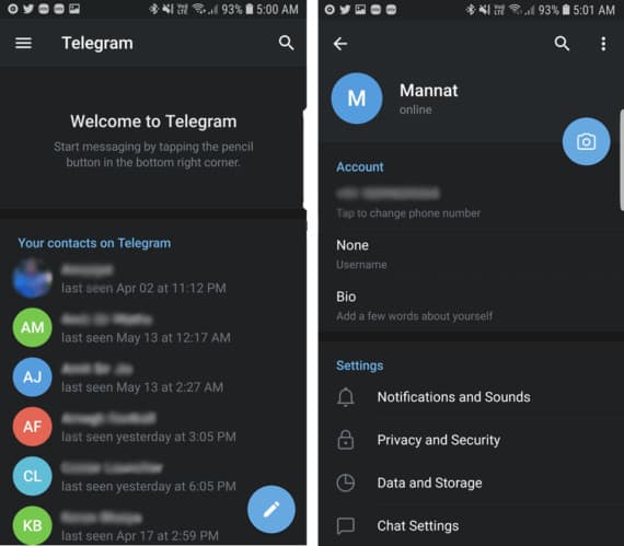 Telegram, an Hangouts alternative app with Recent Chats on the Left and Settings on the Right