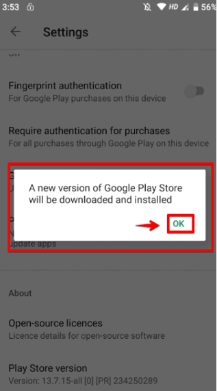 Click OK to update Google Play Store to latest version