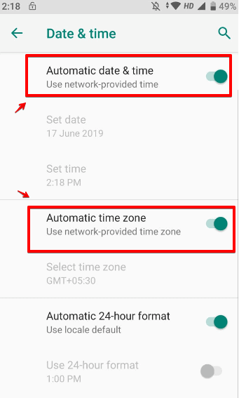 Set Date & time, time zone to automatic