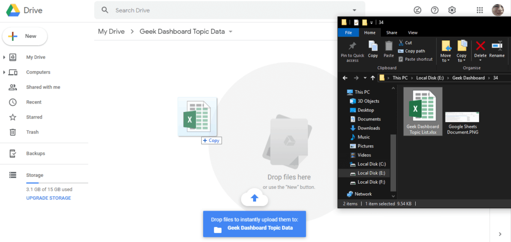 Drag and drop your Excel file in Google Drive