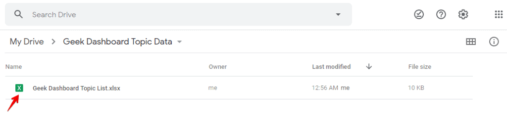 'X' icon showing XLS file in Google Drive