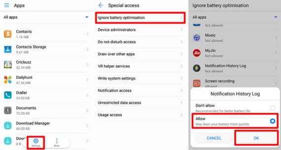 ignoring battery optimisation in Huawei smartphones
