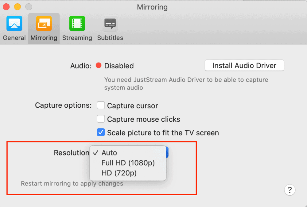 JustStream Display Settings