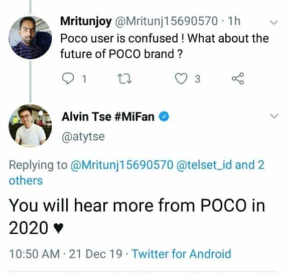 Alvin Tse tweet about Poco F2