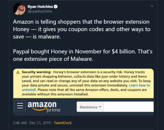 Amazon Says PayPal’s $4b Honey Browser Extension a Security Risk