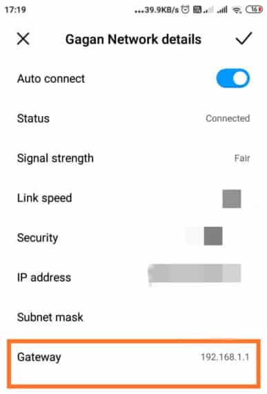 Gateway details of WiFi Network in WiFi Settings