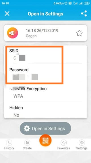 QR Code app showing WiFi passwords of saved networks