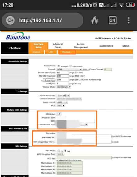 Wireless settings of router to view saved WiFi password beside pre-shared key field