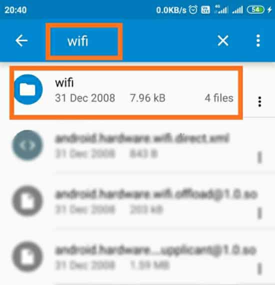 Searching wifi Folder in ES File Explorer app to find saved WiFi passwords