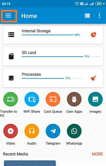 Hamburger menu in ES File Explorer app