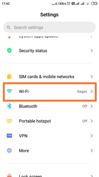 WiFi Settings in Phone Settings of Android