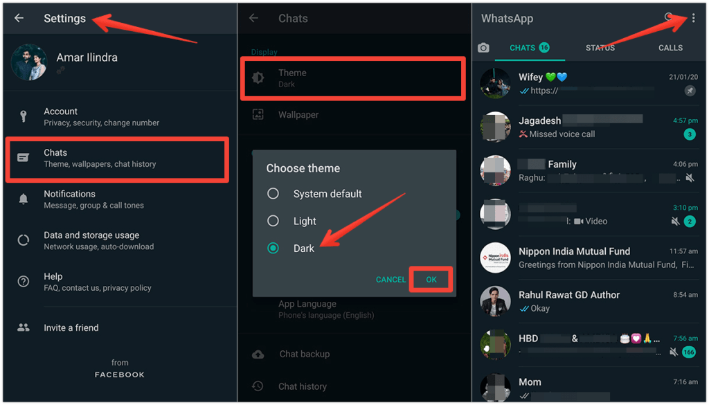 steps to enable dark theme on WhatsApp