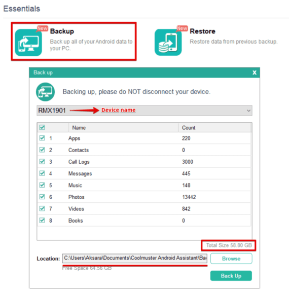 Backup your android device files with backup option in coolmuster android assistant