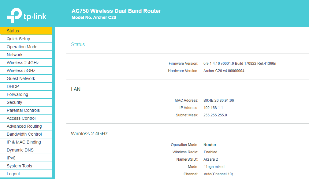 Wifi router homepage