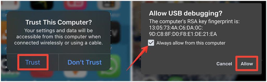 Trust Computer and Allow USB Debugging in iPhone and Android respectively