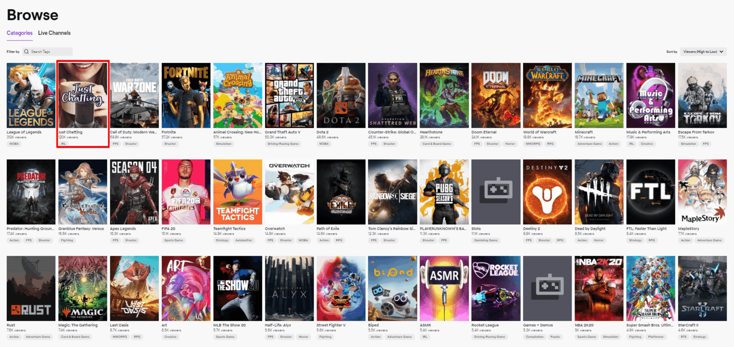  Livestream categories in Twitch