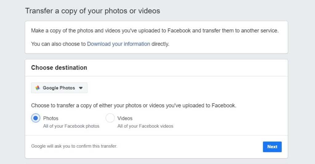 Tranfer your Facebook photos to Google photos