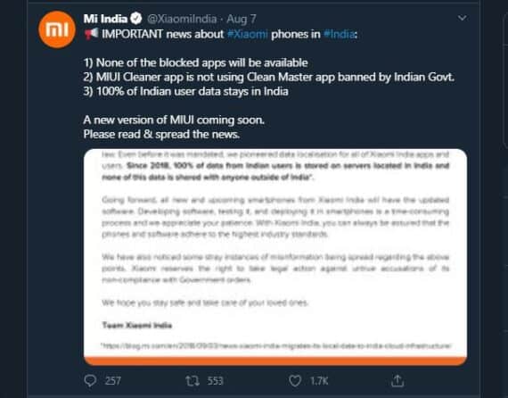Xiaomi's Tweet